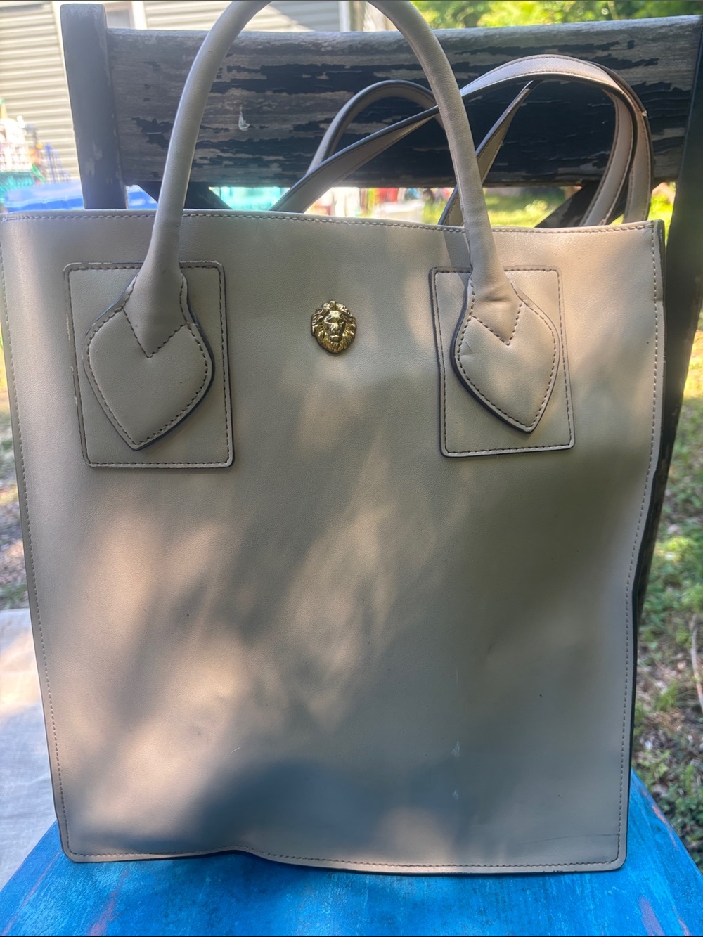Anne Klein Taupe Tote with Gold Lion Medallion